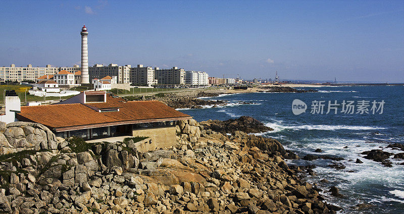 Matosinhos view, Leça lighthouse, row of waterfront apartment buildings,  Leça da Palmeira.